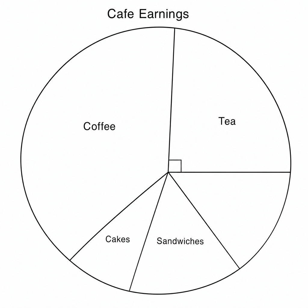 Pie chart showing cafe earnings: Coffee, Tea, Sandwiches, and Cakes. Coffee is the largest sector and Tea is a right-angle sector.