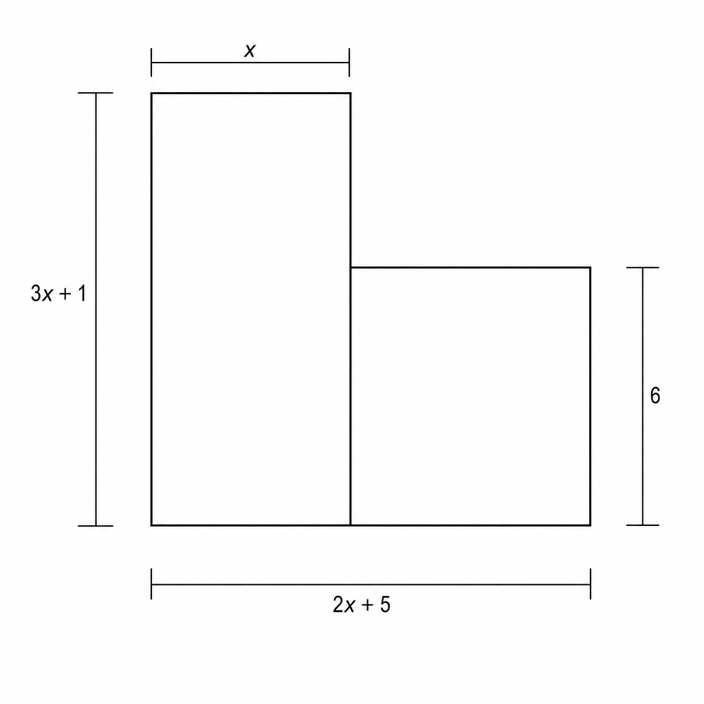 A diagram of a six-sided shape formed by two rectangles. The left rectangle has a width of x\, and a height of 3x + 1. The right rectangle has a height of 6. The total width of the shape is 2x + 5.