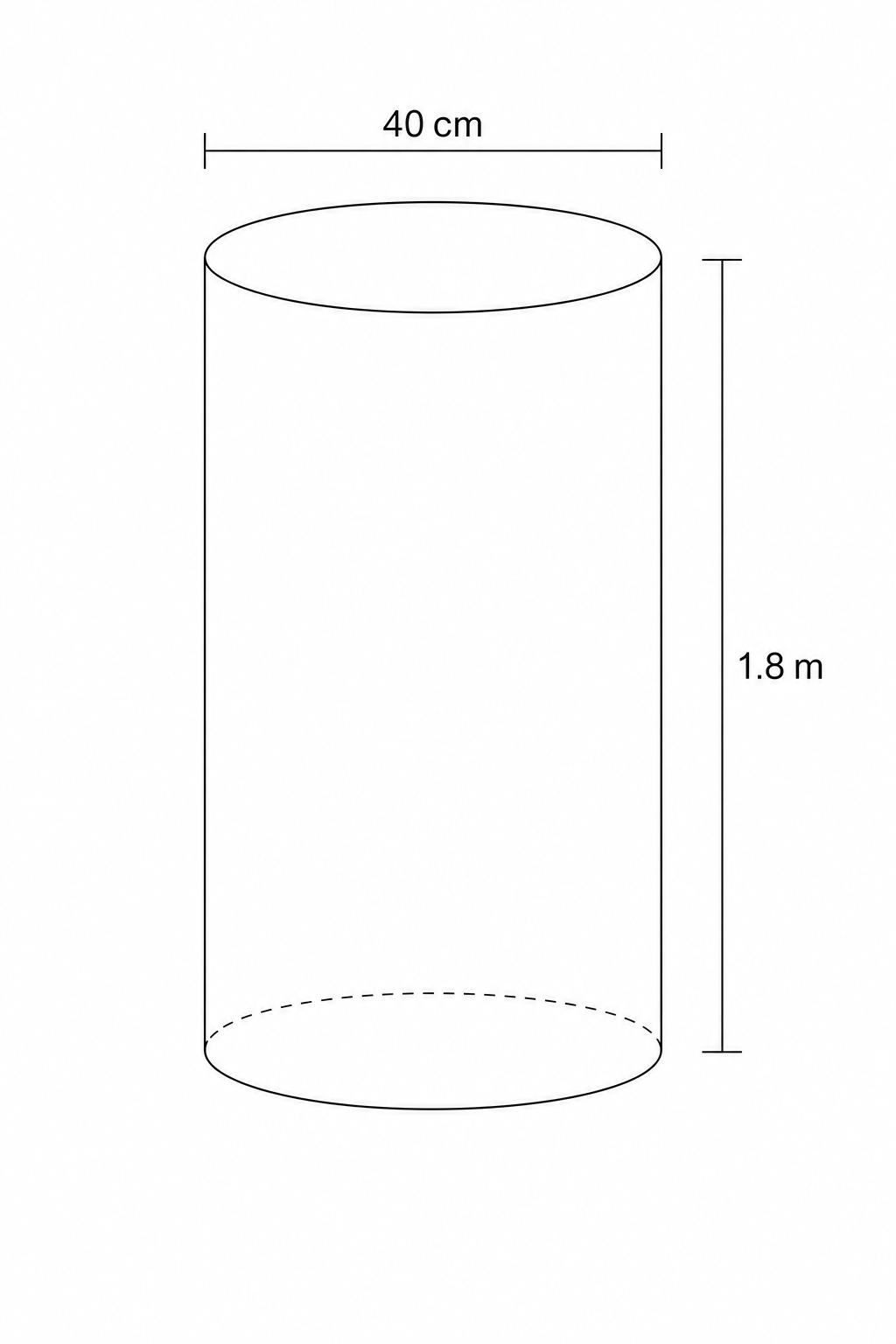 Diagram of a cylindrical tank with diameter 40 cm and height 1.8 m.