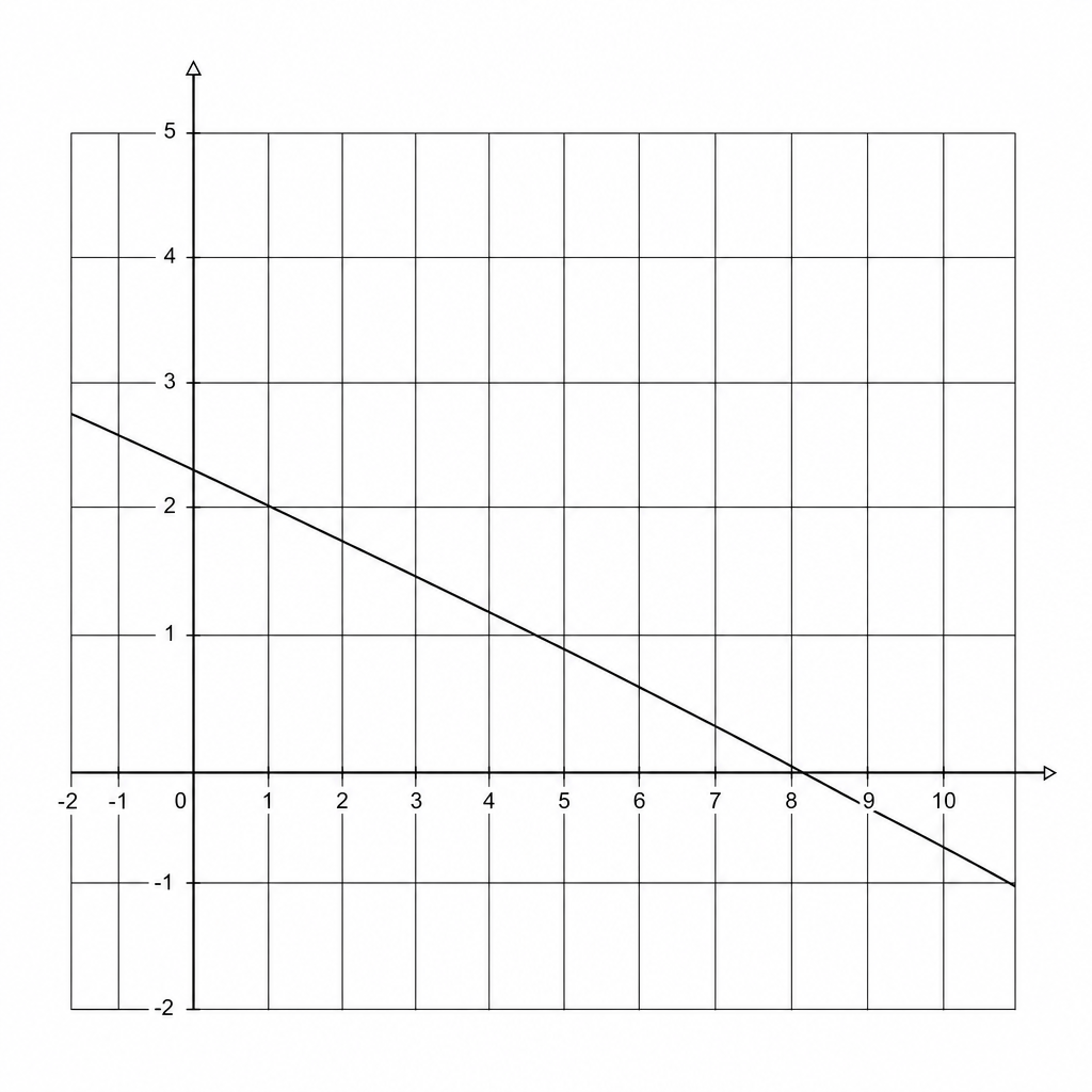A Cartesian coordinate grid showing a straight line with a negative gradient.