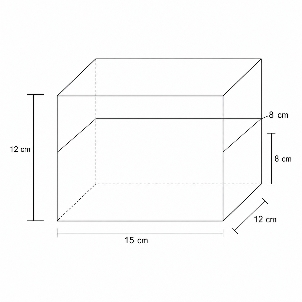 Diagram of a rectangular container with dimensions 15 cm (length), 12 cm (width), and 12 cm (height).