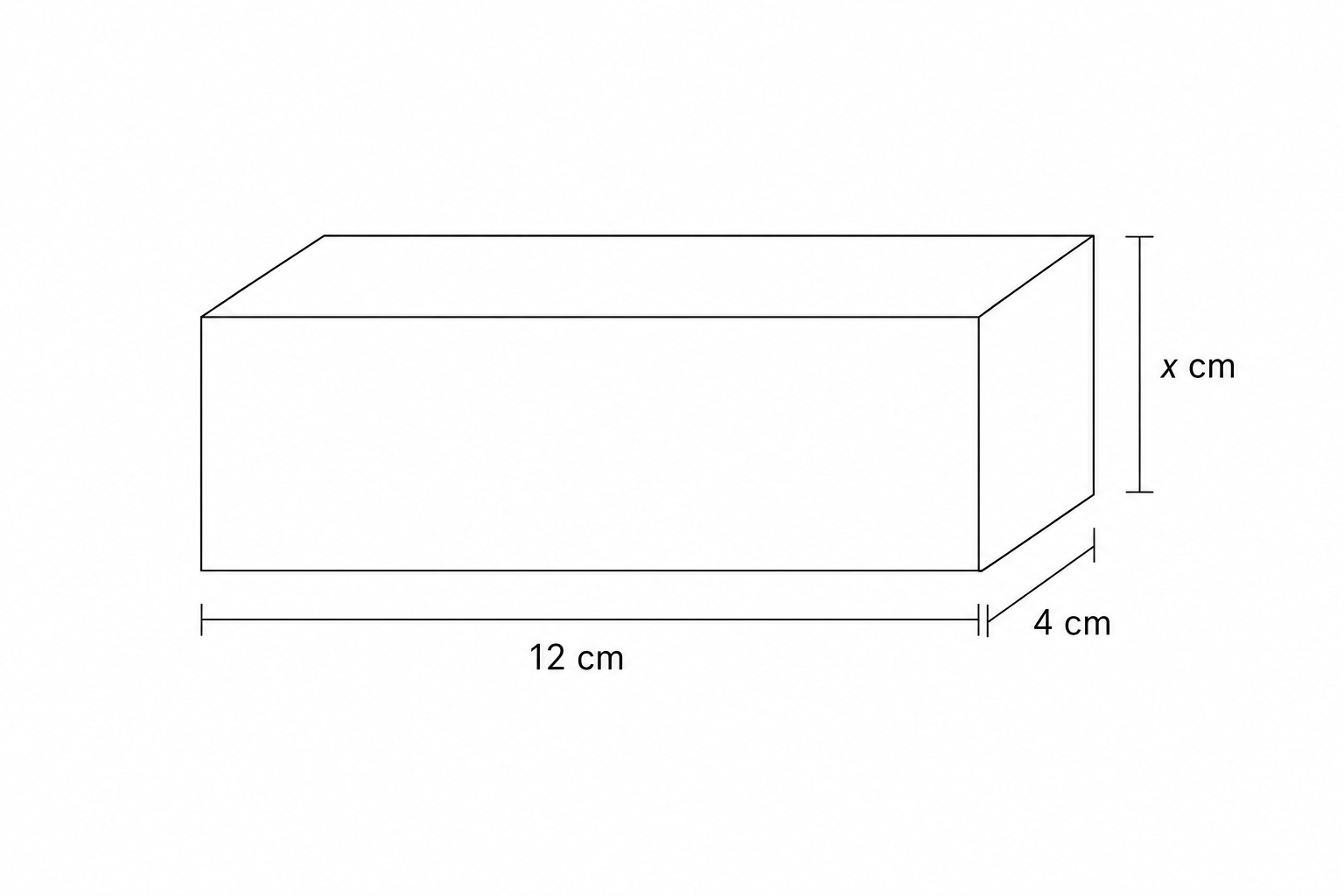 Diagram of a cuboid with dimensions 12 cm, 4 cm, and x cm.