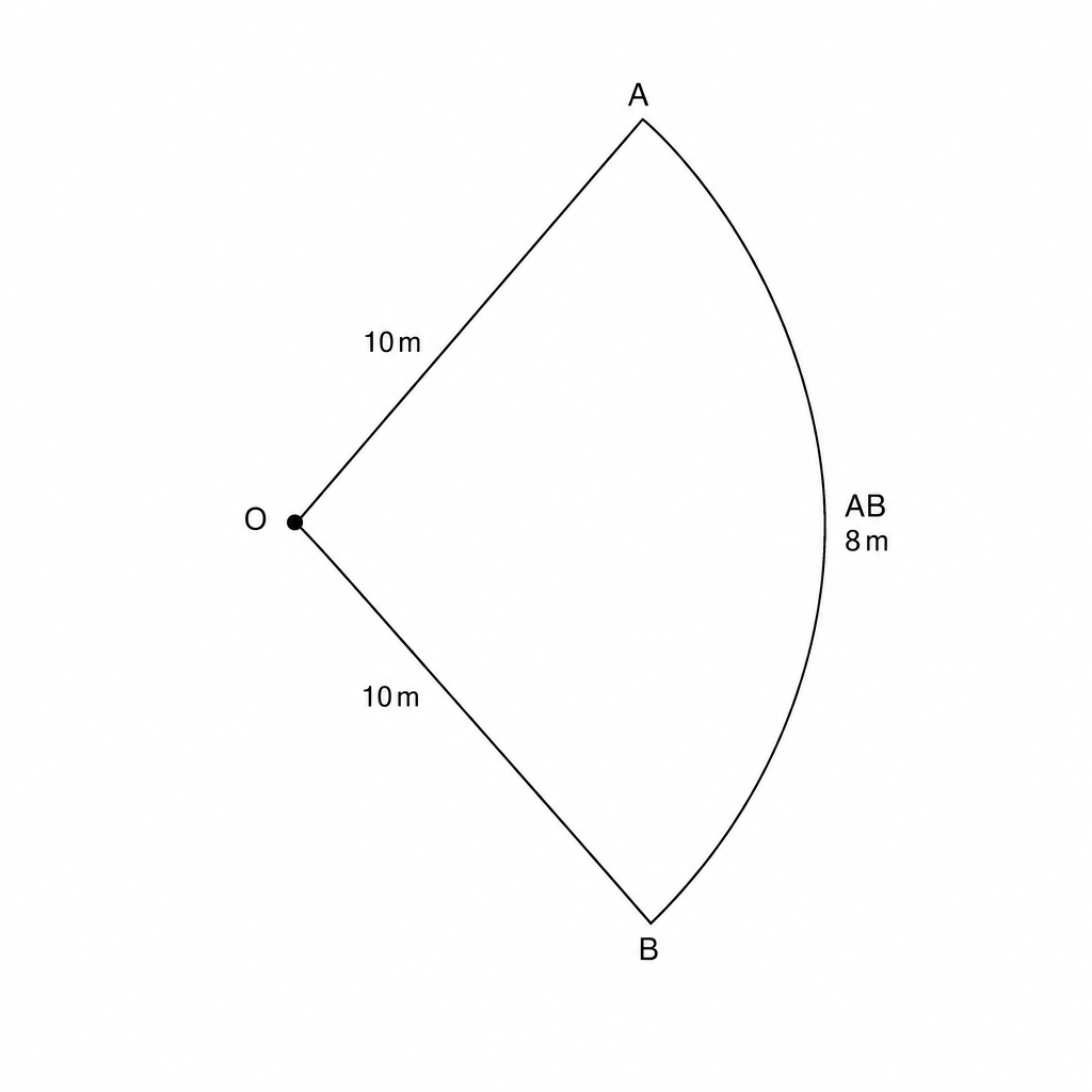 Diagram showing a sector with radius 10m and arc length 8m