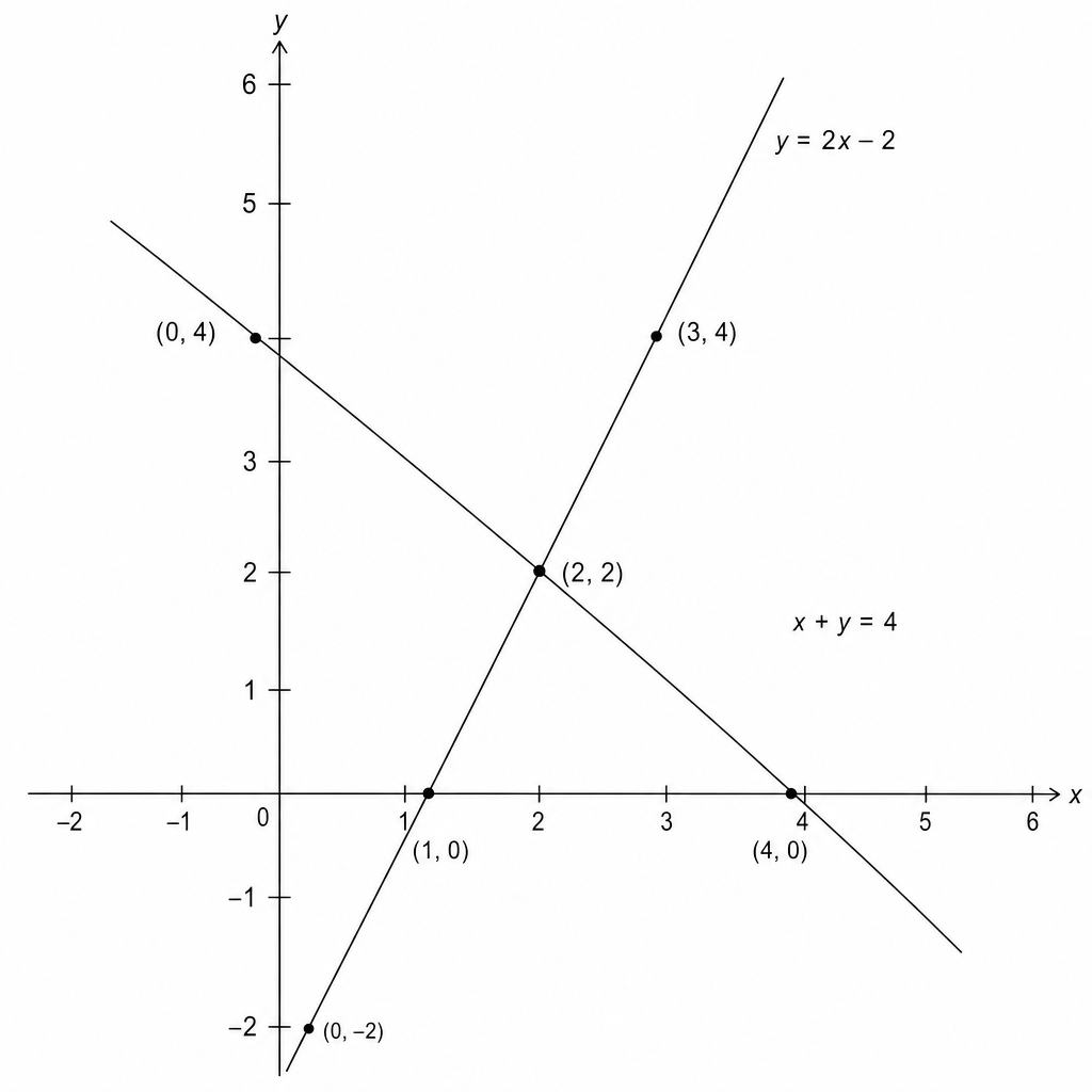 A coordinate grid with x and y axes ranging from -2 to 6. Two straight lines are plotted. The first line, y = 2x - 2, passes through the points (0, -2), (1, 0), (2, 2), and (3, 4). The second line, x + y = 4, passes through the points (0, 4), (2, 2), and (4, 0). The two lines intersect at the point (2, 2).