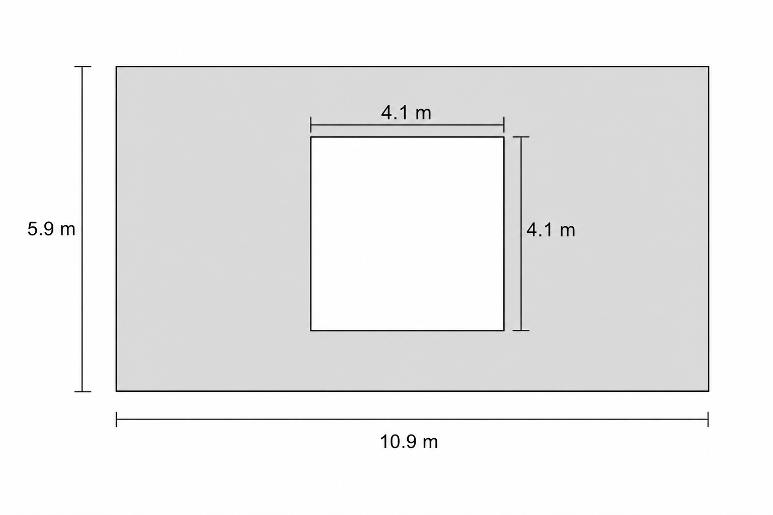 A diagram showing a large grey banner with a square cutout. The left side of the banner is labeled 5.9 m. The bottom side of the banner is labeled 10.9 m. The top side of the square cutout is labeled 4.1 m. The right side of the square cutout is labeled 4.1 m.