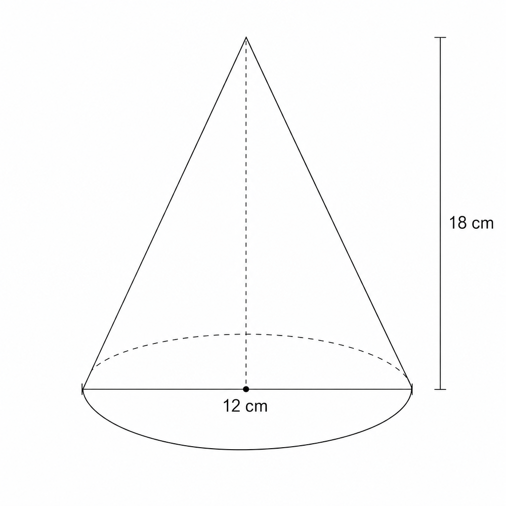 Diagram of a cone with height 18 cm and base diameter 12 cm.
