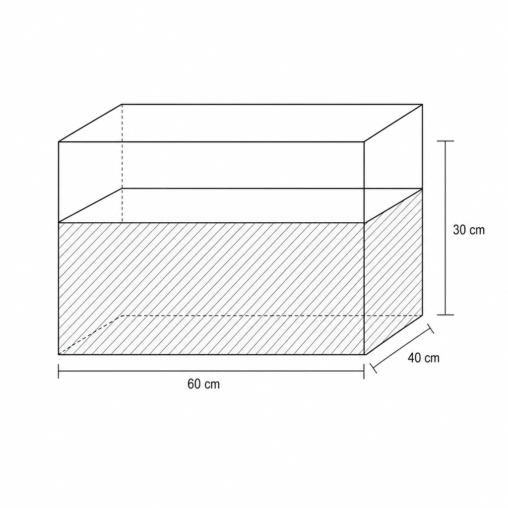 A 3D line drawing of a rectangular prism representing a water container.