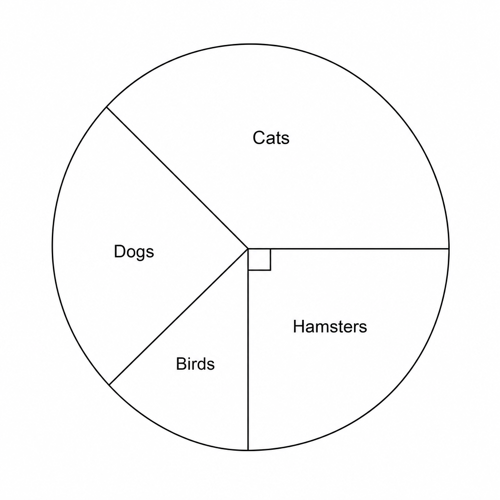 Pie chart showing animal types: Dogs, Cats, Hamsters, and Birds. Cats is the largest sector, and Hamsters is a right-angle sector.