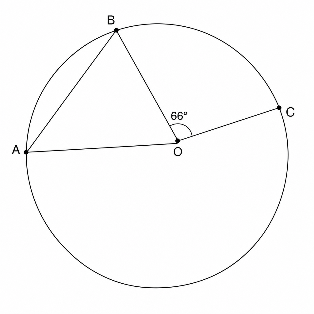 Diagram for Question 2: A circle with center O. Points A, B, and C are on the circumference. Radii OB and OC are drawn. A line segment AC is drawn. The angle between the radii OB and OC is labeled 66°.