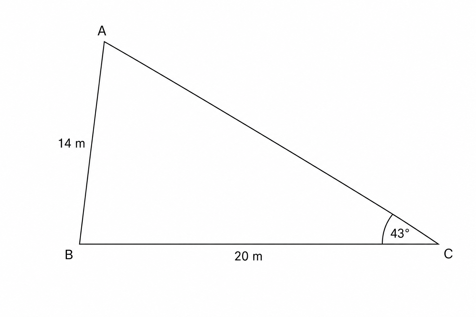 Triangle ABC with side AB = 14 m, side BC = 20 m, and angle C = 43 degrees.