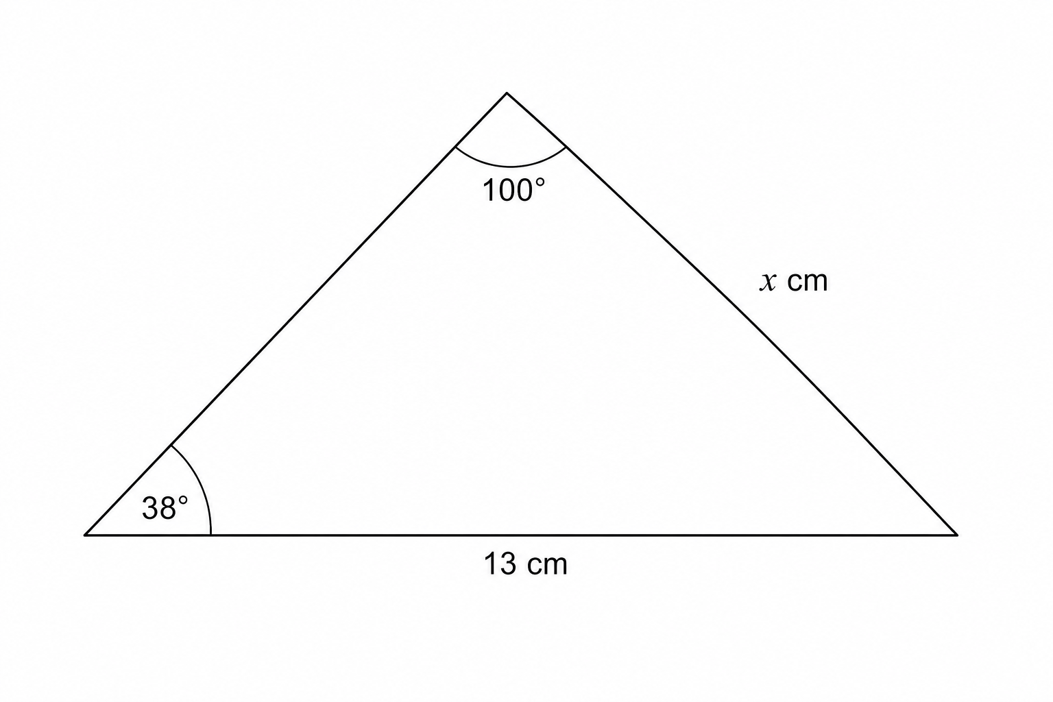 A triangle with a base of 13 cm. The bottom-left angle is 38 degrees, and the top angle is 100 degrees. The right side is labeled x cm.