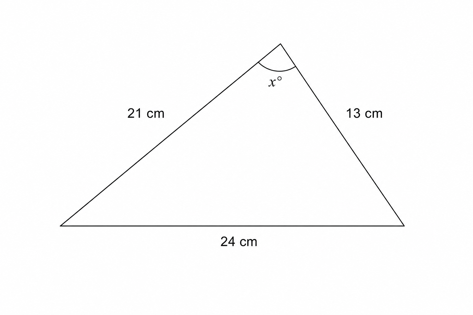 A triangle with side lengths 21 cm, 13 cm, and 24 cm. The angle between the 21 cm and 13 cm sides is labeled x°.