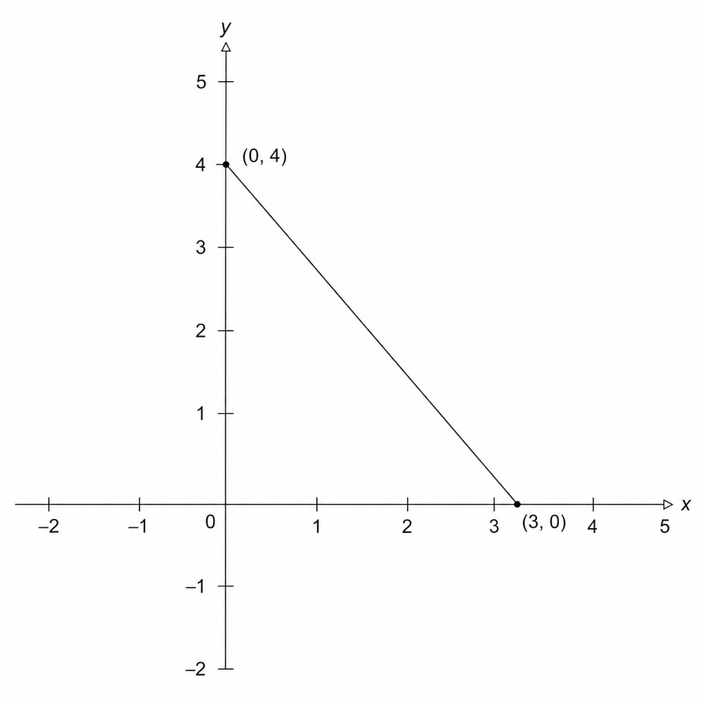 A Cartesian coordinate grid showing a straight line with a negative gradient.