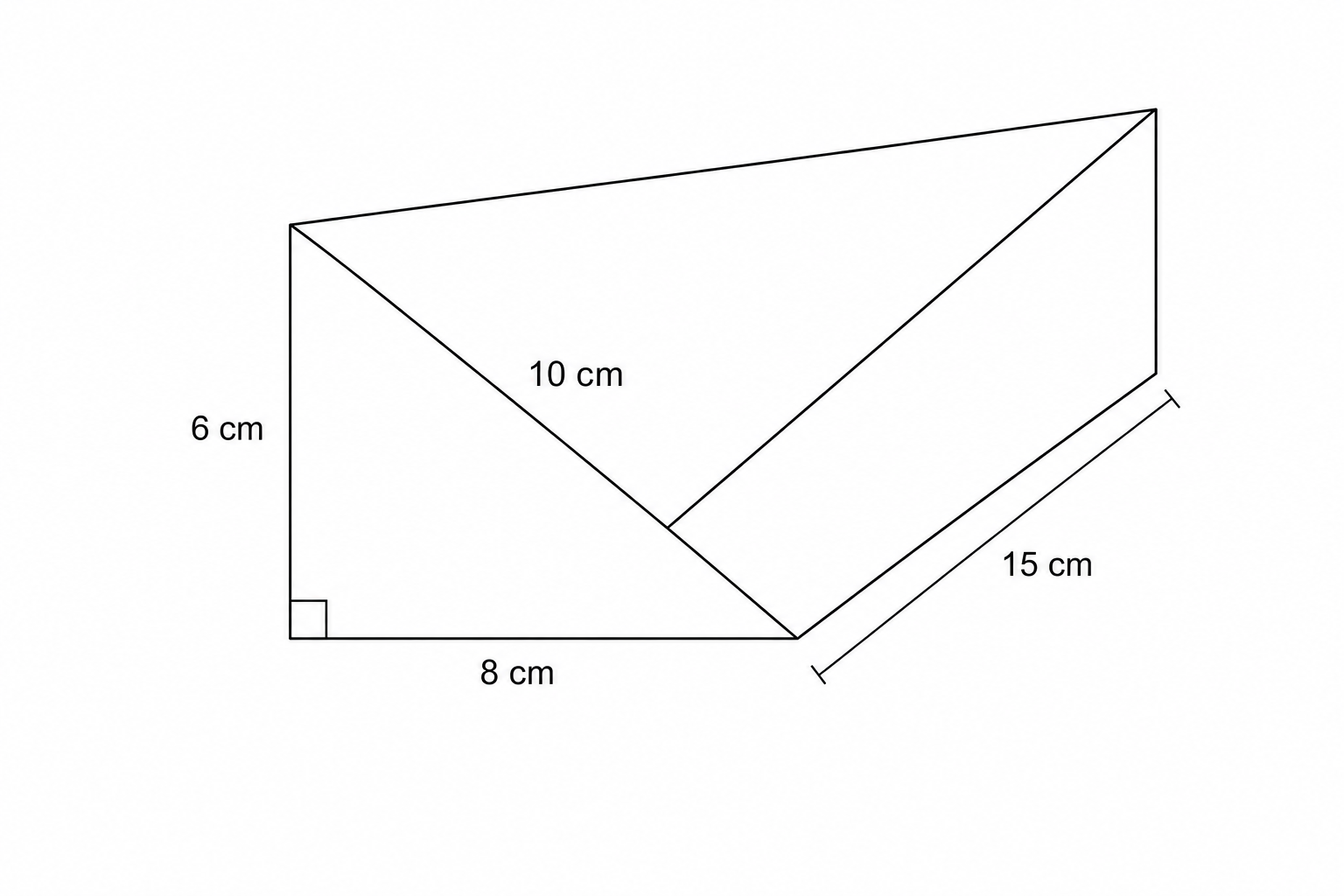 Diagram of a triangular prism with a right-angled triangular cross-section. The legs of the triangle are 6 cm and 8 cm, and the hypotenuse is 10 cm. The length of the prism is 15 cm.