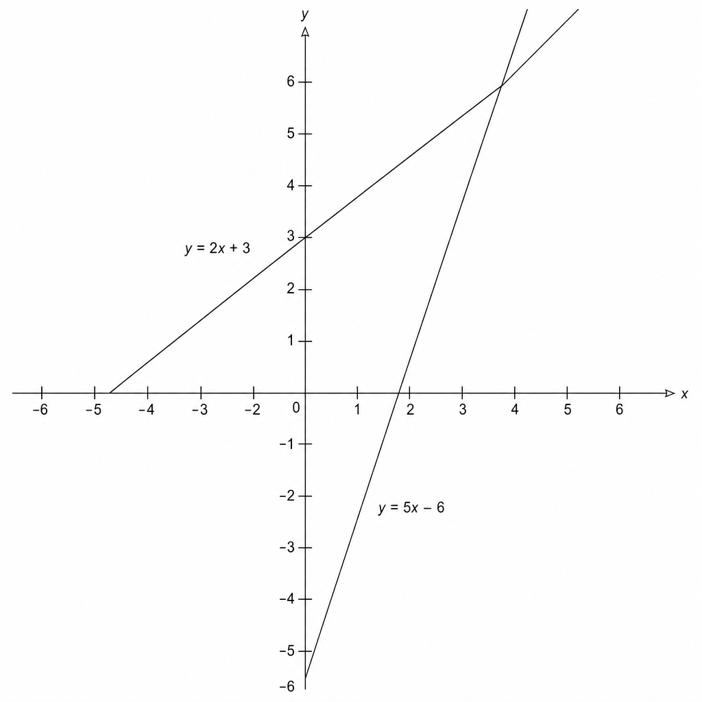 A Cartesian coordinate system showing two intersecting straight lines. The x-axis and y-axis are labeled. One line (y=2x+3) has a positive gradient and a positive y-intercept. The second line (y=5x-6) has a steeper positive gradient and a negative y-intercept. They intersect in the first quadrant.