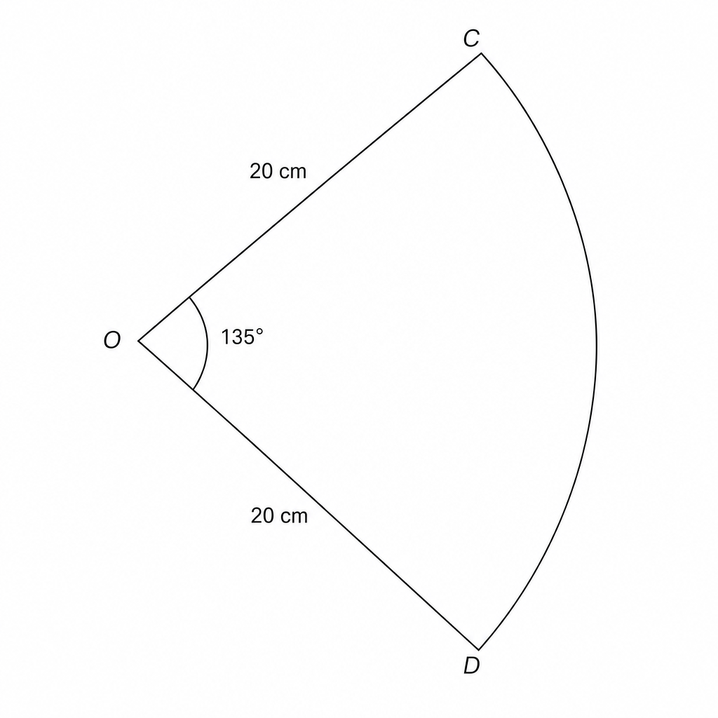 Diagram of a sector COD with center O, radius 20 cm, and central angle 135 degrees.