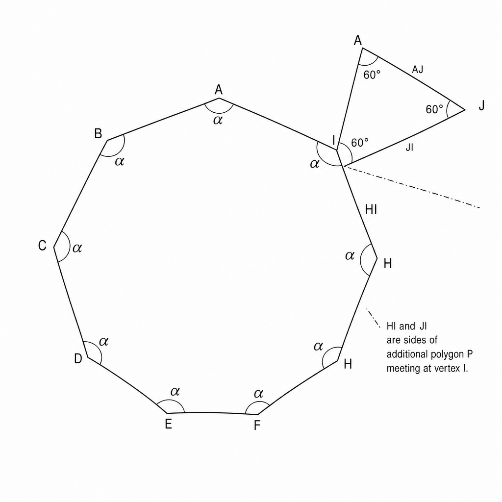 Diagram showing a regular nonagon ABCDEFGHI and an equilateral triangle IAJ sharing side IA.