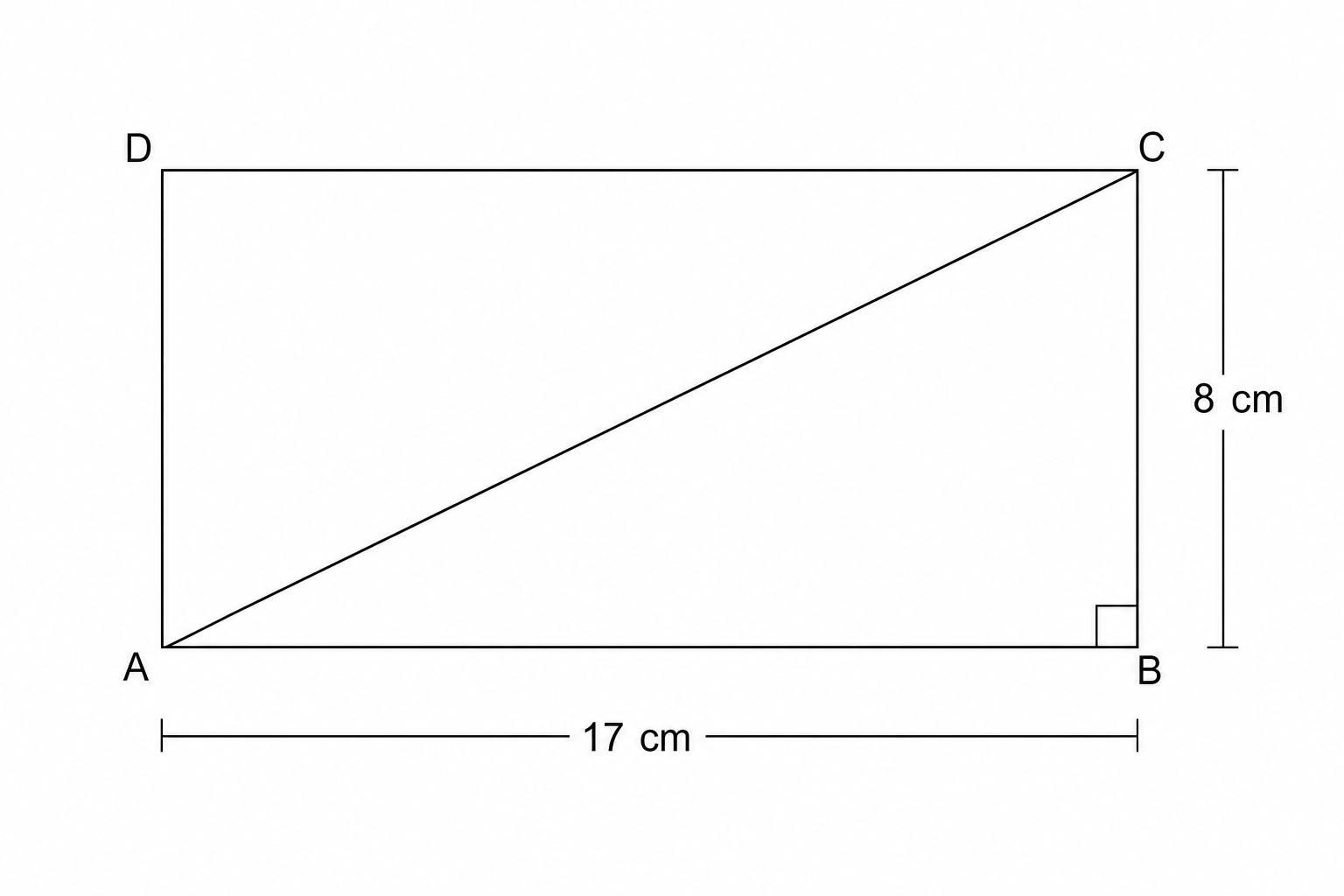 Diagram of rectangle ABCD with side AB = 17 cm and side BC = 8 cm.