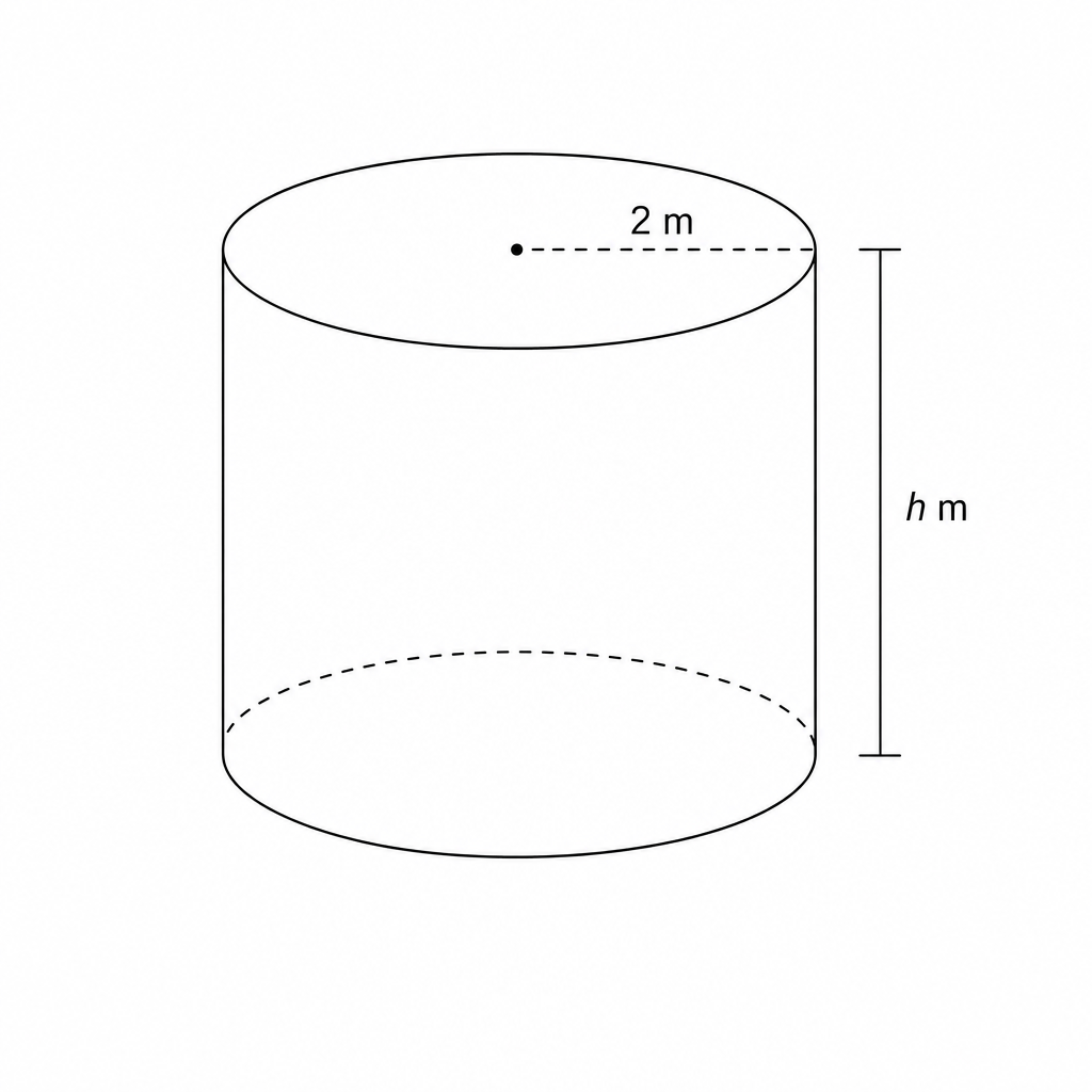 Diagram of a solid cylinder with radius 2 m and height h m.