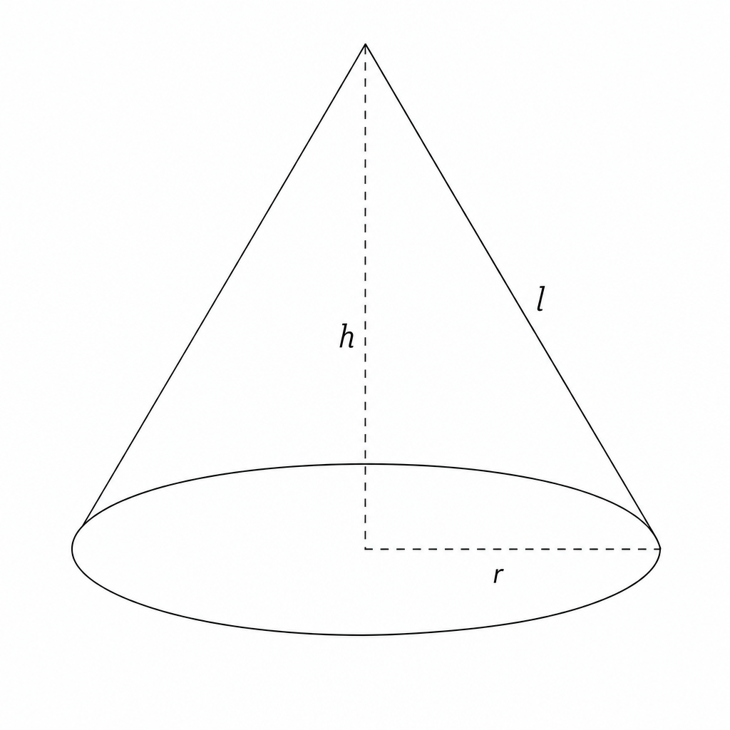 Diagram of a cone showing radius r, height h, and slant height l.