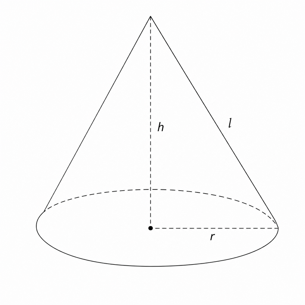 Diagram of a cone showing radius r, height h, and slant height l.