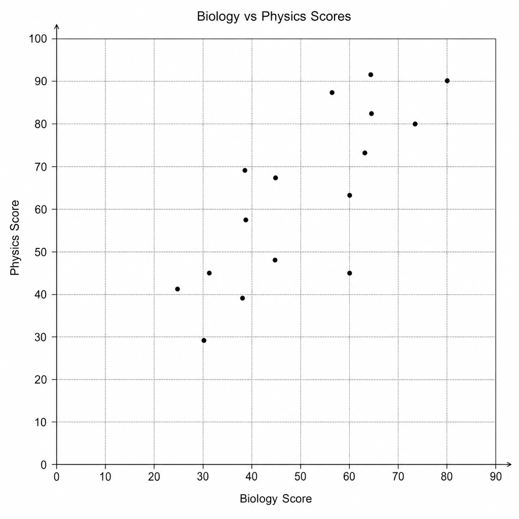 Scatter graph showing Biology Score (x-axis) and Physics Score (y-axis) for 16 students.