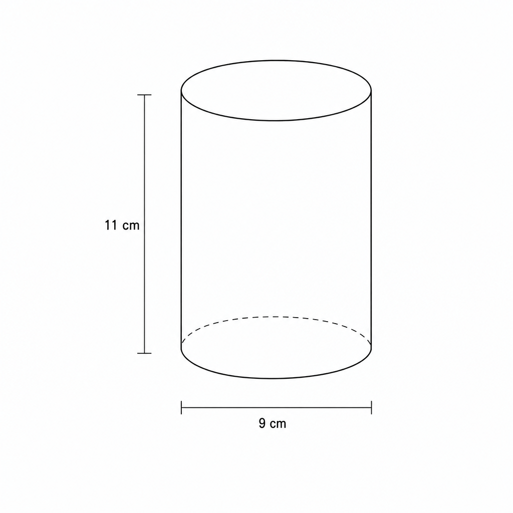 Diagram of a cylinder with diameter 9 cm and height 11 cm.