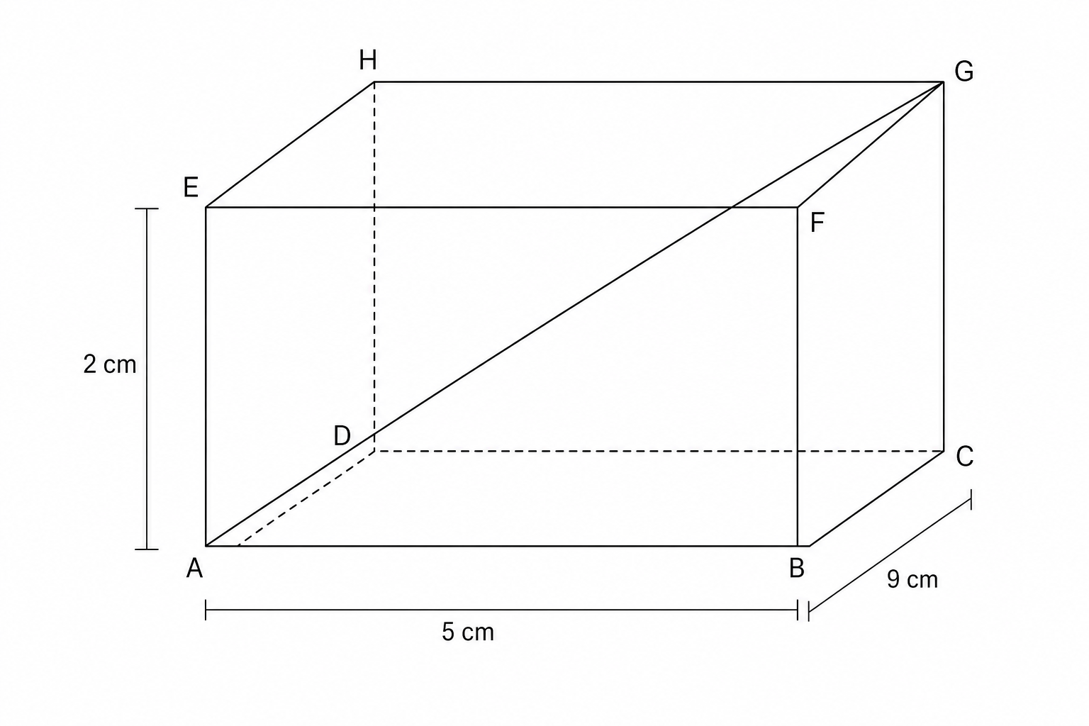 A 3D line drawing of a cuboid ABCDEFGH.