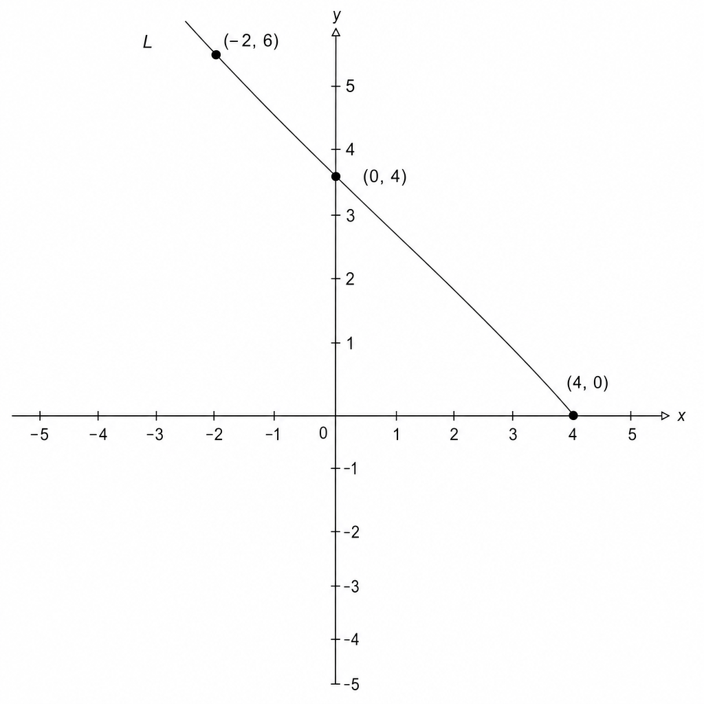 A Cartesian coordinate system with x and y axes ranging from -5 to 5. A line labeled L passes through the points (-2, 6), (0, 4), and (4, 0).