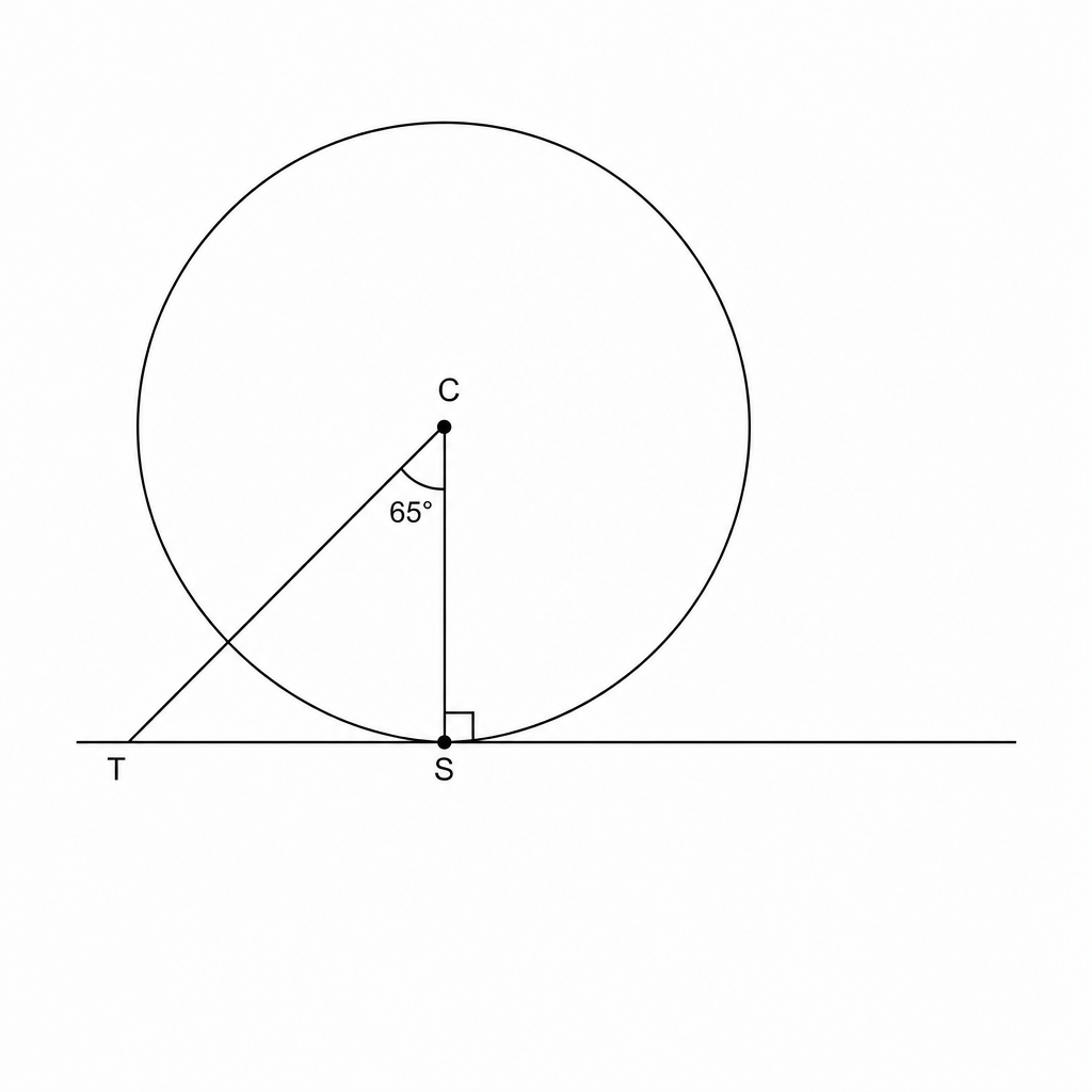Diagram: A circle with center C. A tangent line TS touches the circle at point S. A radius CS is drawn. A line segment CT is drawn from the center to the external point T. The angle at the center C is labeled 65°.