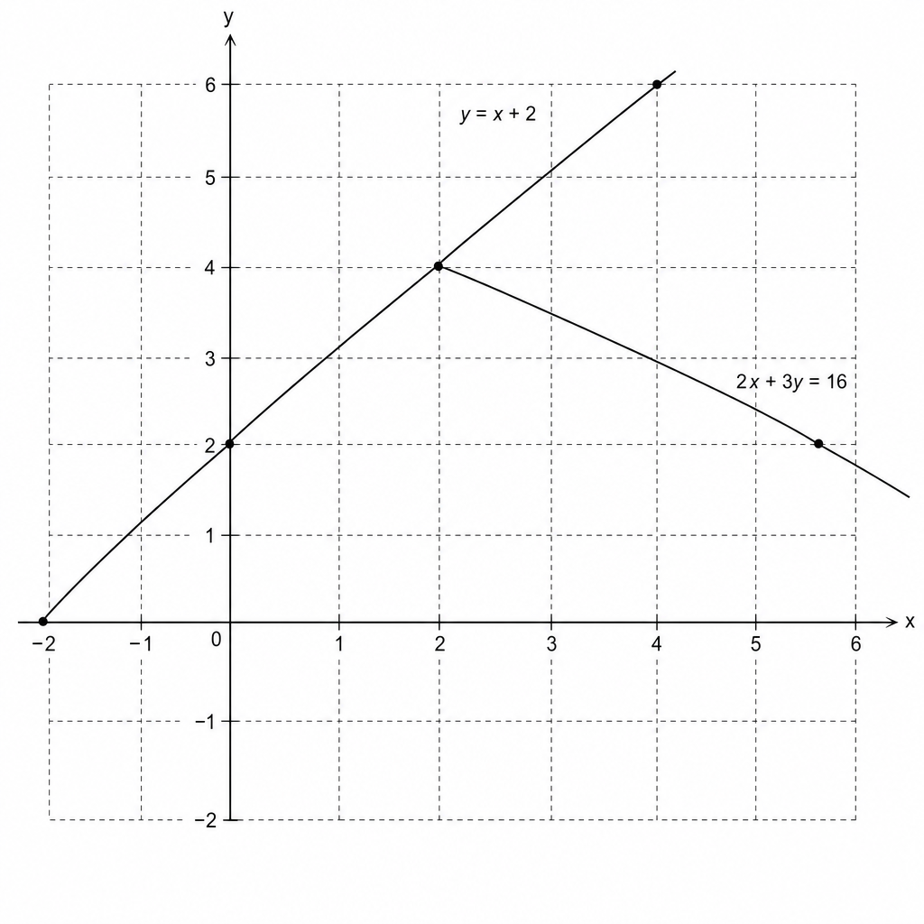 A coordinate grid with x and y axes ranging from -2 to 6. Two straight lines are plotted. The first line, y = x + 2, passes through the points (-2, 0), (0, 2), (2, 4), and (4, 6). The second line, 2x + 3y = 16, passes through the points (2, 4) and (5, 2). The two lines intersect at the point (2, 4).