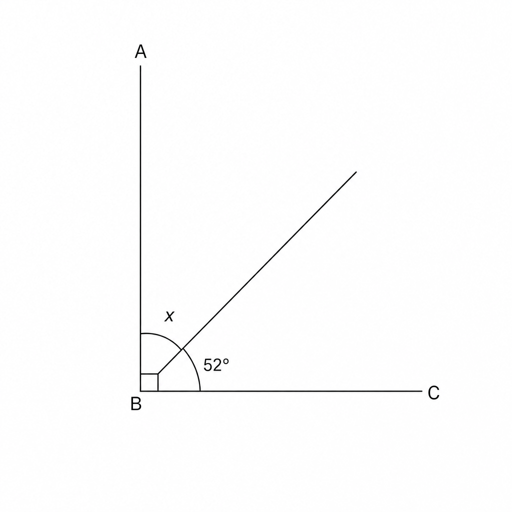 Diagram showing a right angle split into x and 52 degrees.