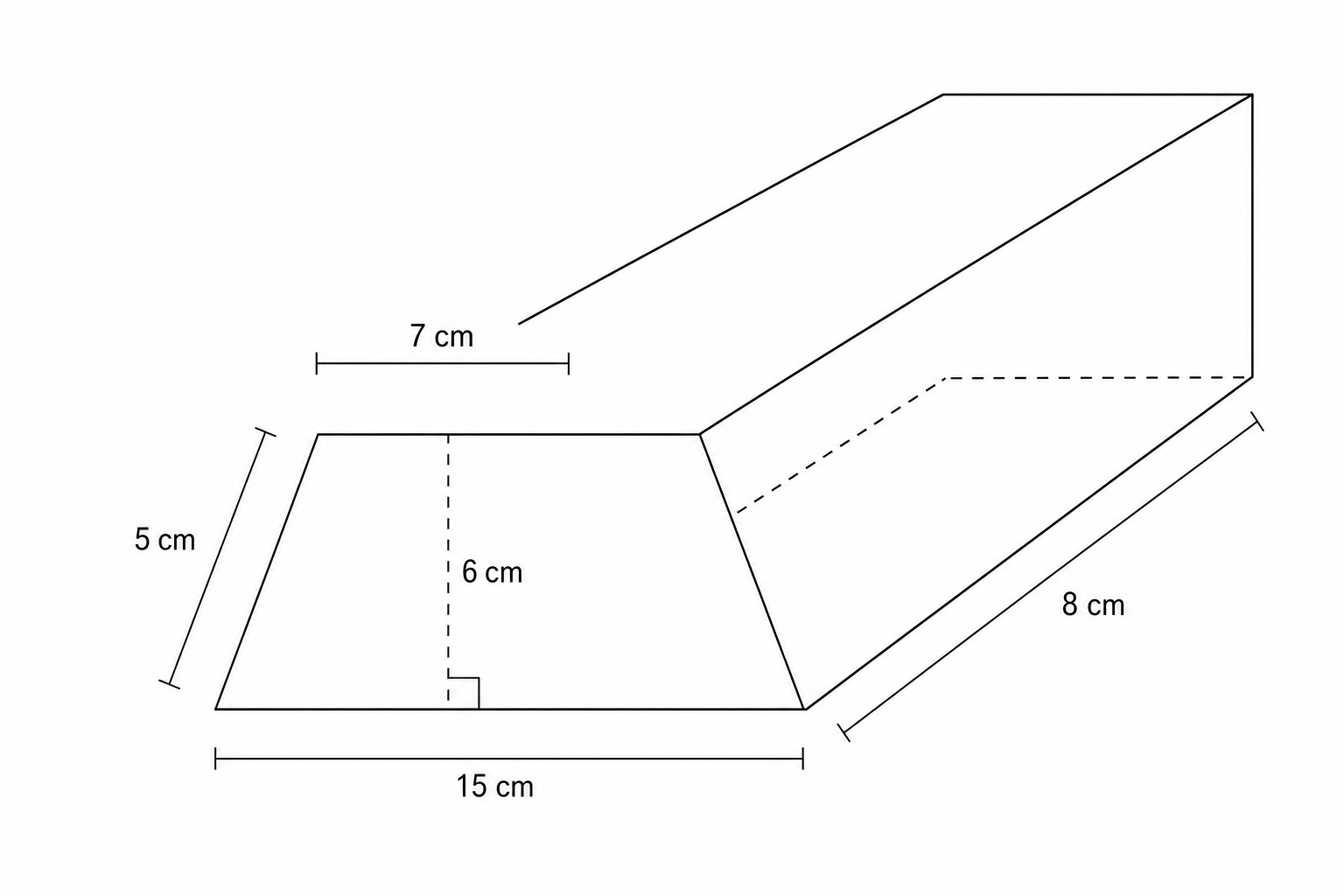 Diagram of a trapezoidal prism with dimensions: top base 7 cm, bottom base 15 cm, height 6 cm, slant side 5 cm, and length 8 cm.