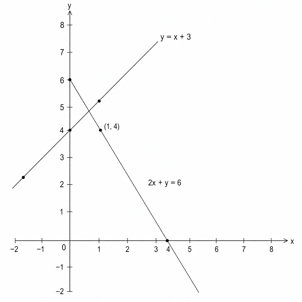 A coordinate grid with x and y axes ranging from -2 to 8. Two straight lines are plotted. The first line, y = x + 3, passes through the points (-1, 2), (0, 3), (1, 4), and (2, 5). The second line, 2x + y = 6, passes through the points (0, 6), (1, 4), and (3, 0). The two lines intersect at the point (1, 4).