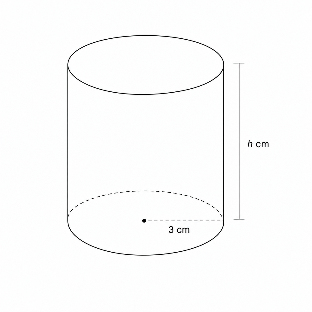 Diagram of a solid cylinder with radius 3 cm and height h cm.