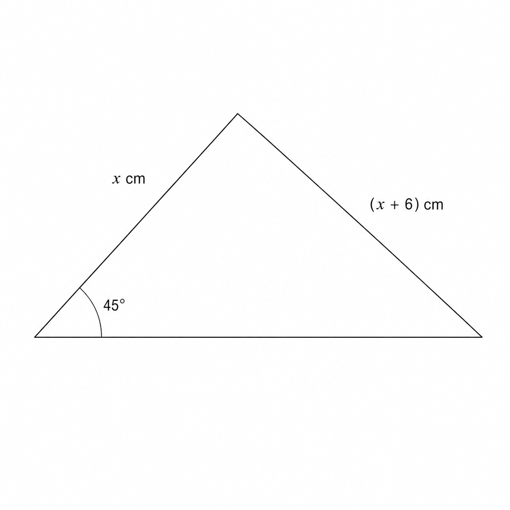 A triangular decorative tile has two sides labeled x cm and (x + 6) cm, with an included angle of 45 degrees.