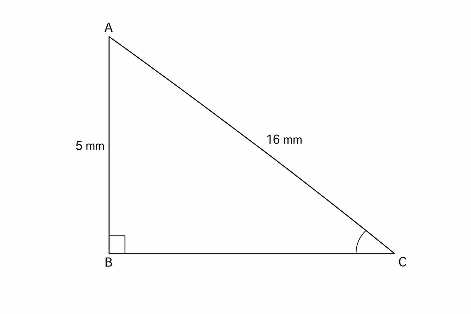 Right-angled triangle ABC with right angle at B. Side AB = 5 mm, hypotenuse AC = 16 mm.