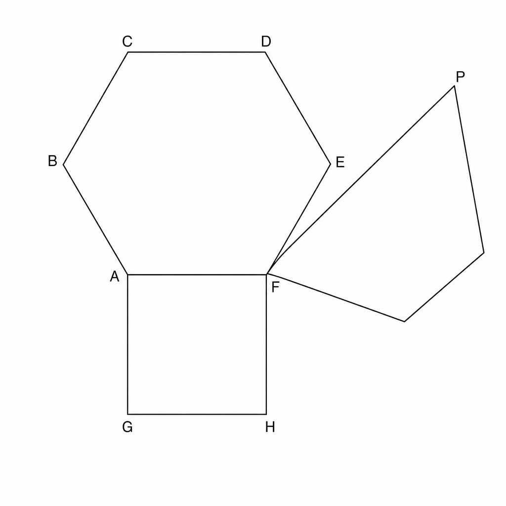 Diagram showing a regular hexagon ABCDEF and a square AFGH sharing side AF.