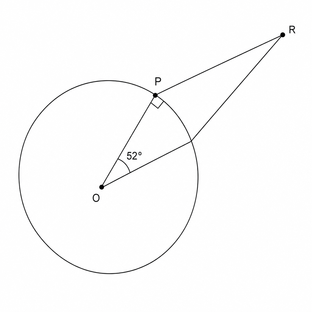 Diagram: A circle with center O. A tangent line RP touches the circle at point P. A radius OP is drawn. A line segment OR is drawn from the center to the external point R. The angle at the center O is labeled 52°.