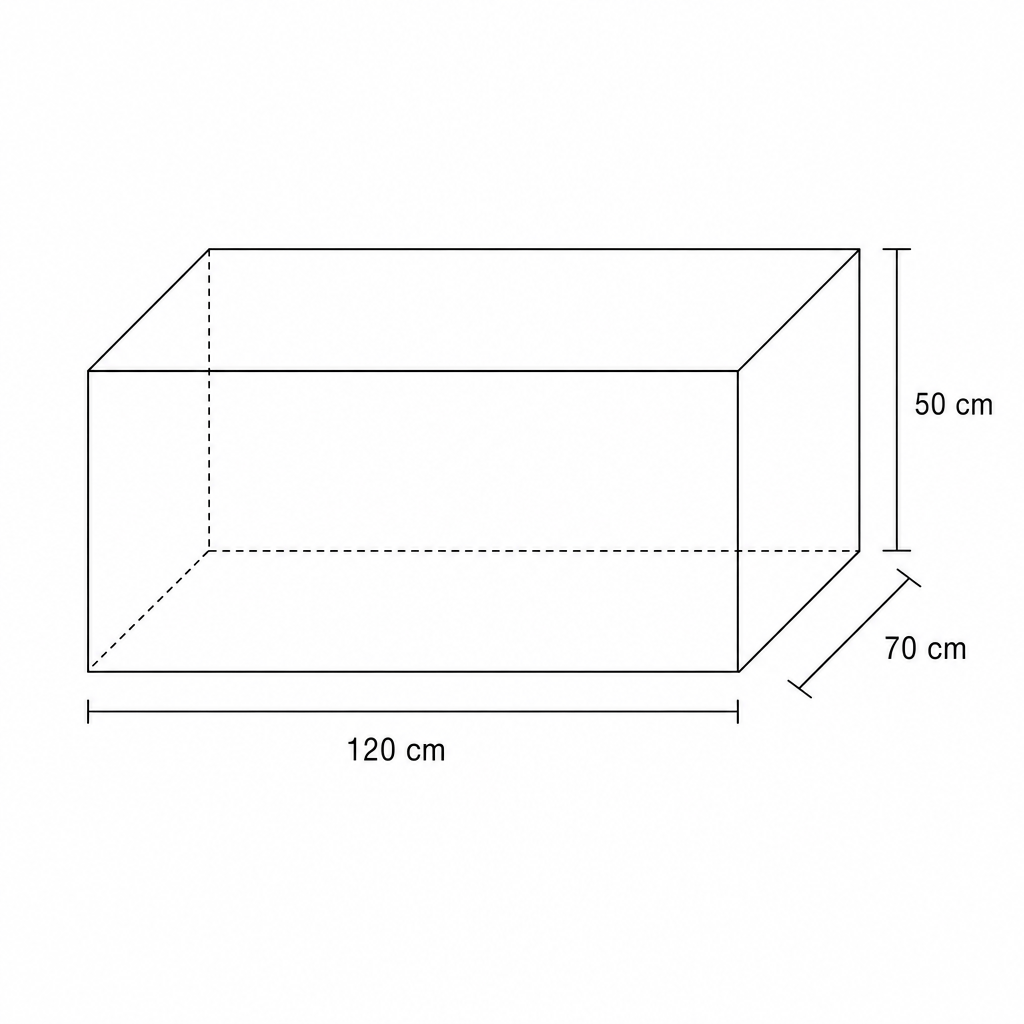 A 3D diagram of a rectangular prism with dimensions 120 cm, 70 cm, and 50 cm.