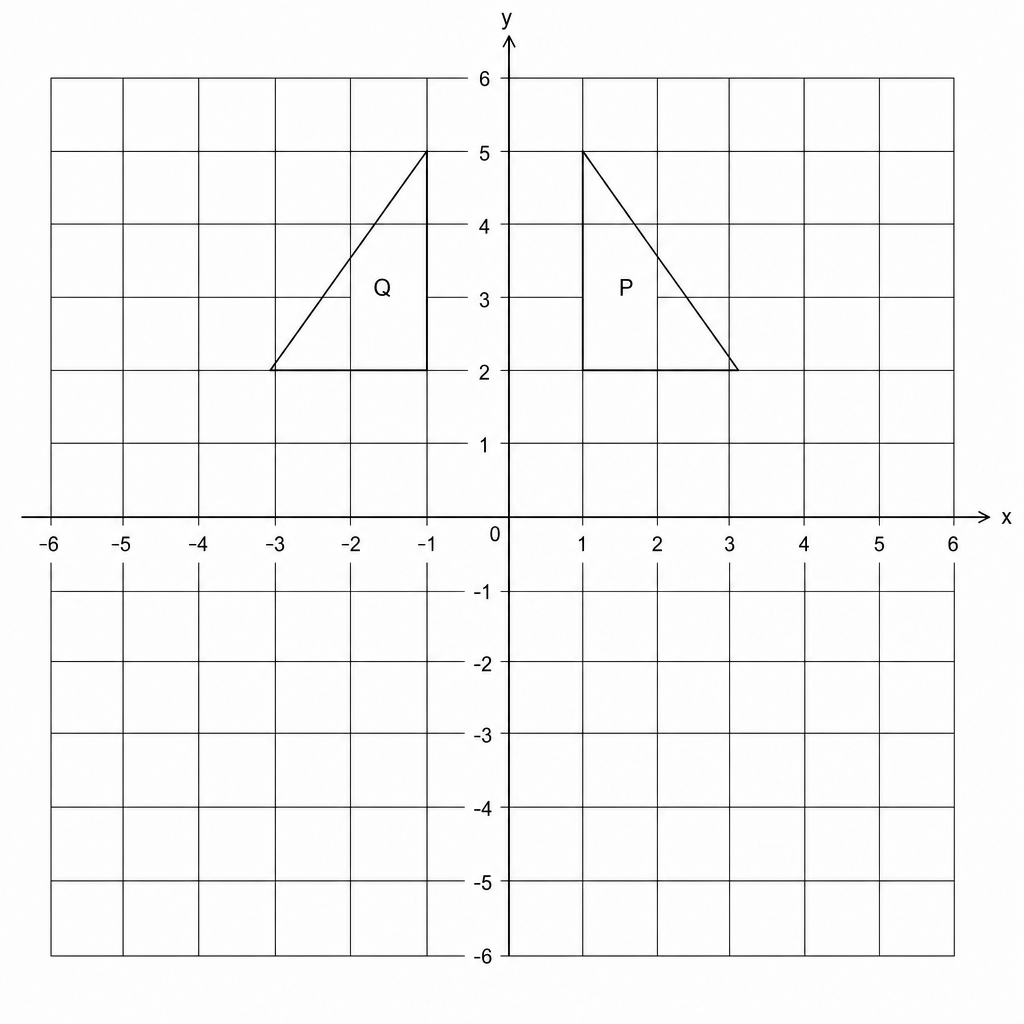 A coordinate grid with x and y axes ranging from -6 to 6. Two triangles are shown: triangle P and triangle Q. Triangle P has vertices at (1, 2), (1, 5), and (3, 2). Triangle Q has vertices at (-1, 2), (-1, 5), and (-3, 2).