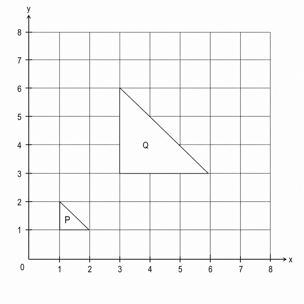 A coordinate grid showing two triangles, P and Q. Triangle Q is three times the size of triangle P.