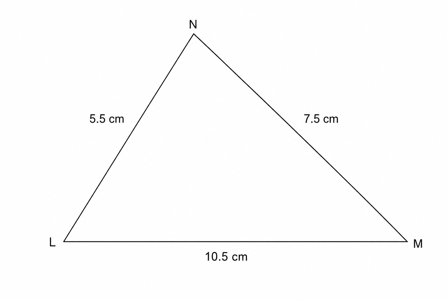 A diagram of triangle LMN. Vertex L is at the bottom left, vertex M is at the bottom right, and vertex N is at the top. The side LM is labeled 10.5 cm, side MN is labeled 7.5 cm, and side LN is labeled 5.5 cm.