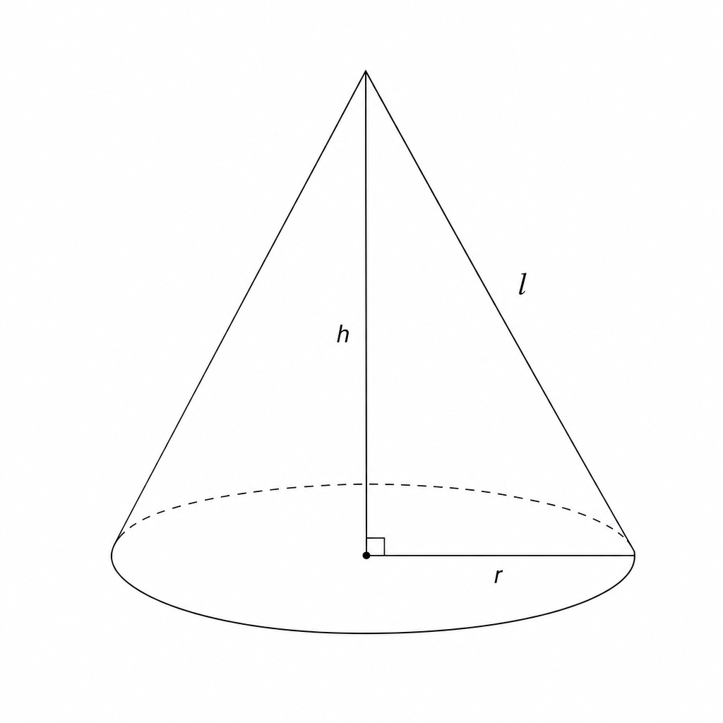 Diagram of a cone showing slant height l, height h, and radius r.