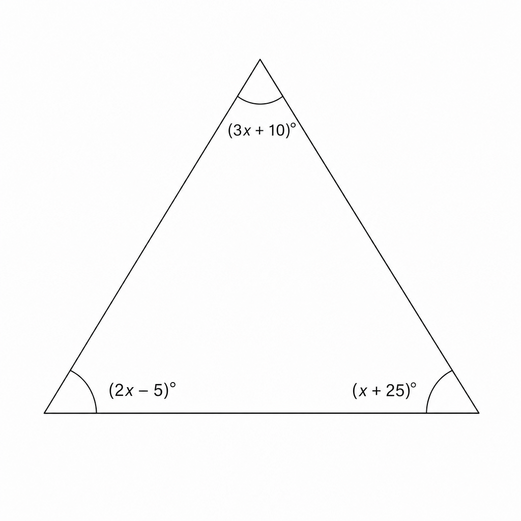 A triangle with three interior angles labeled: 3x + 10, 2x - 5, and x + 25.
