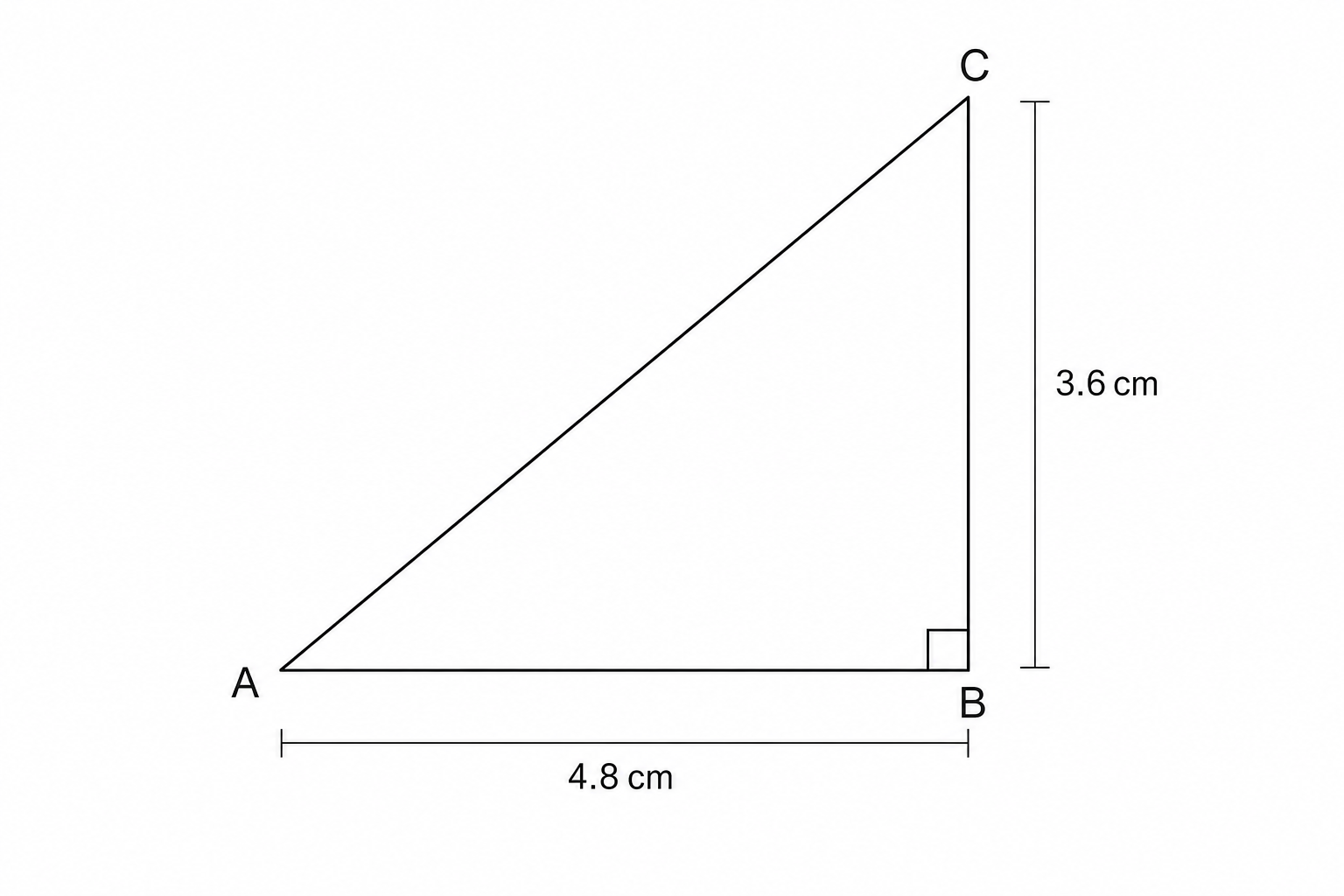 Right-angled triangle ABC with right angle at B. AB = 4.8 cm, BC = 3.6 cm.