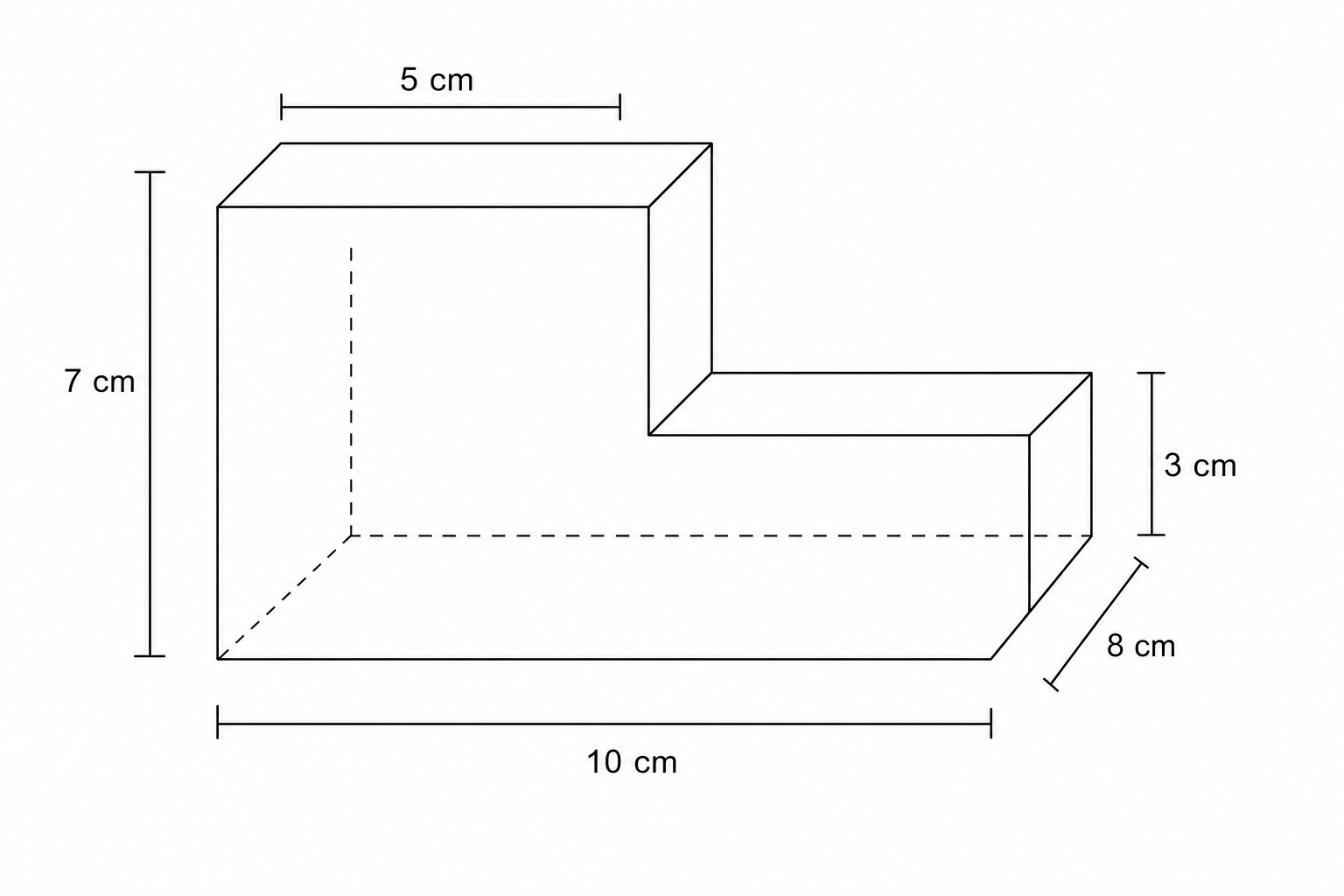 A 3D line drawing of a stepped prism. The base is an L-shaped polygon with a total length of 8 cm and a total width of 10 cm. The left part of the prism has a height of 7 cm, and the right part has a height of 3 cm. The top surface of the left part is 5 cm wide. Hidden edges are shown with dashed lines.