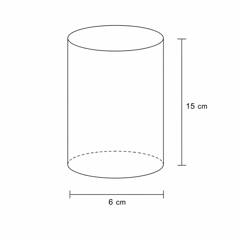 A diagram of a cylinder with diameter 6 cm and height 15 cm.