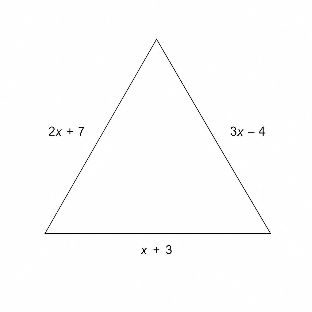 A triangle with side lengths labeled as 2x + 7, 3x - 4, and x + 3.