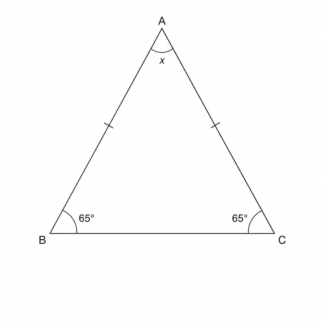 Isosceles triangle with base angle 65 degrees.
